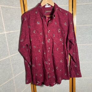 Vintage Holbrook Mens Red Paisley Bird Print Button Down Shirt Long‎ Sleeve Sz L
